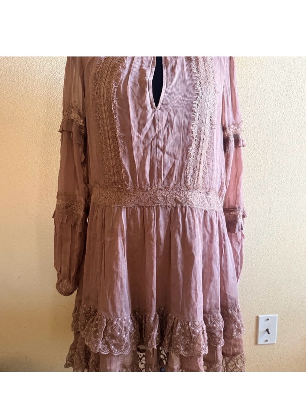 Anthropologie Dusty Rose Lace-Trim Long Sleeve Dress